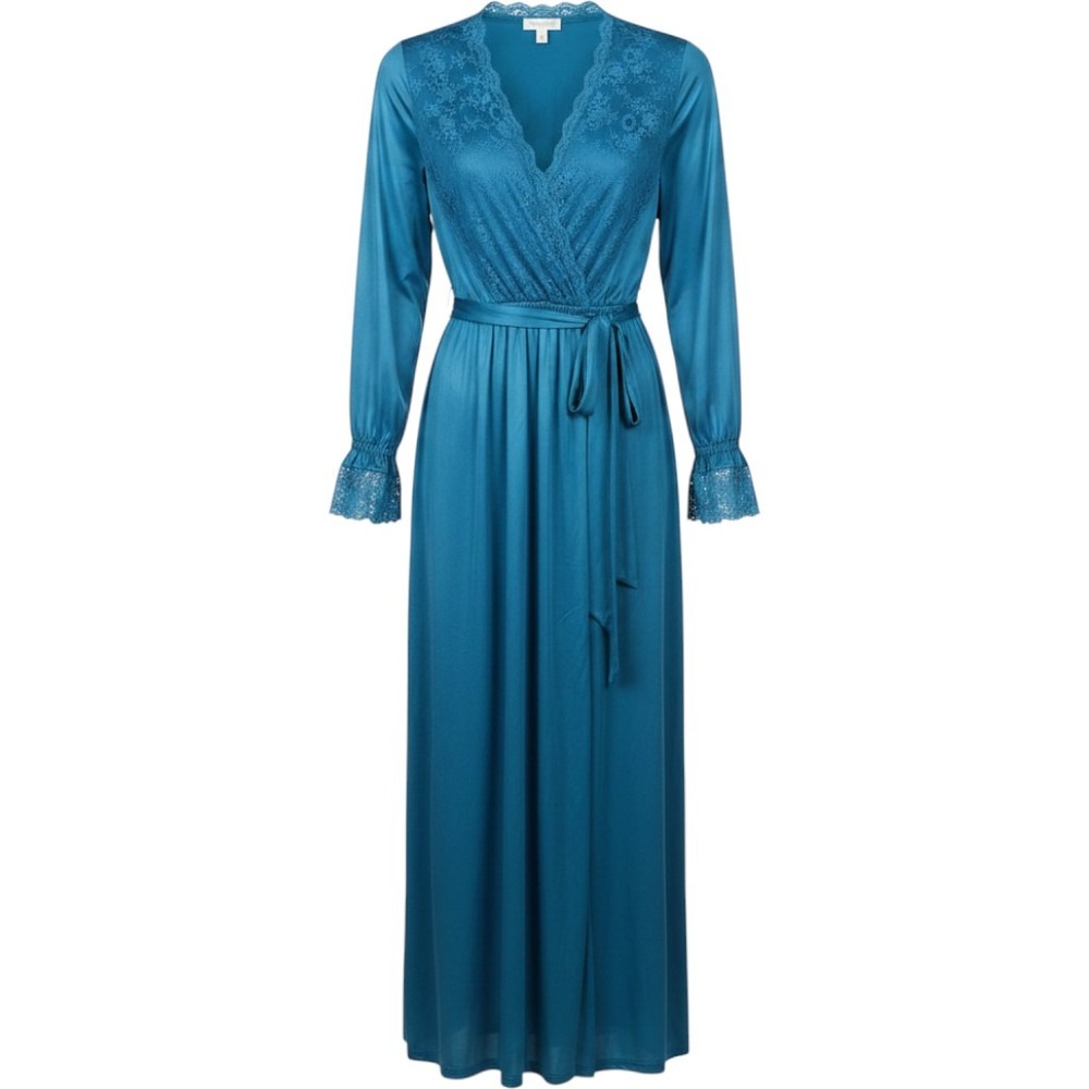 Vintage Pinehurst Lingerie Blue Lace Trim Maxi Robe Dressing Gown Made in USA